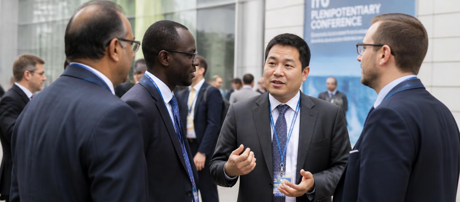 Delegados de negocios conversando en un encuentro internacional